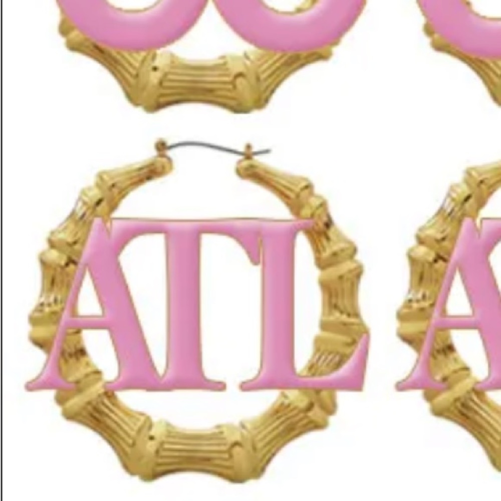 NEW 2.8” 14k GOLD PLATED “ATL” PINK LOGO BAMBOO HOOP EARRINGS